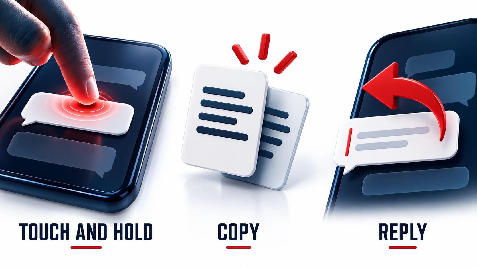 Conceptual touch-and-hold, copy and reply symbols for a messaging guide.