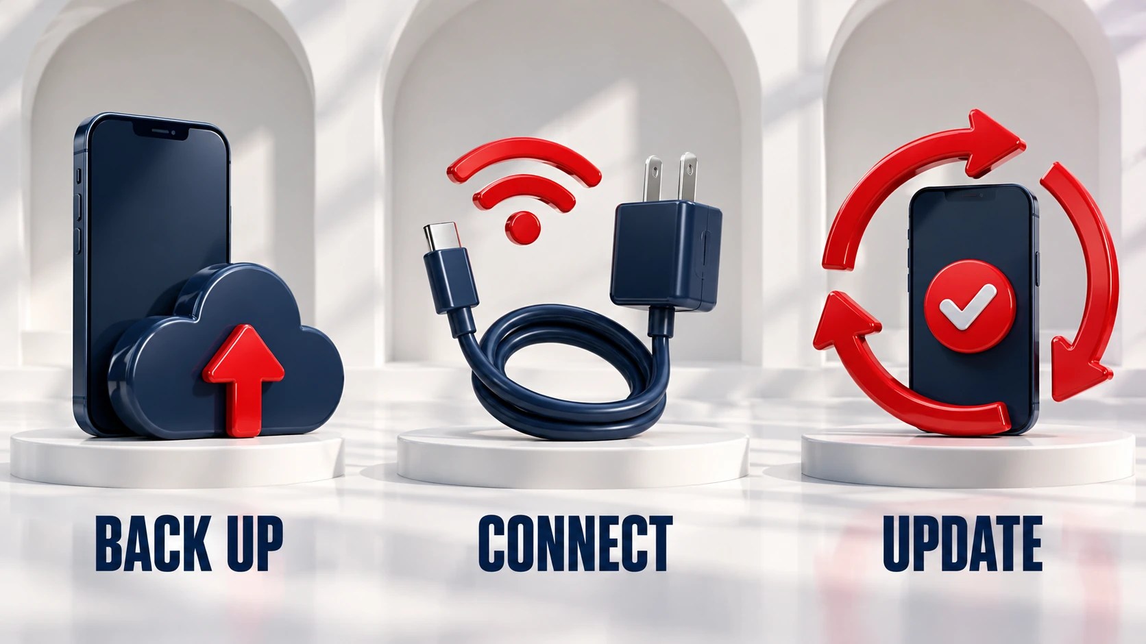 Conceptual phone update checklist showing Back Up, Connect and Update.