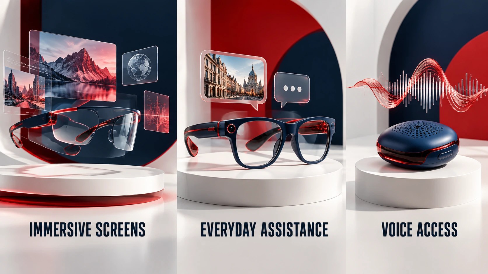 Conceptual devices representing immersive screens, everyday assistance and voice access.