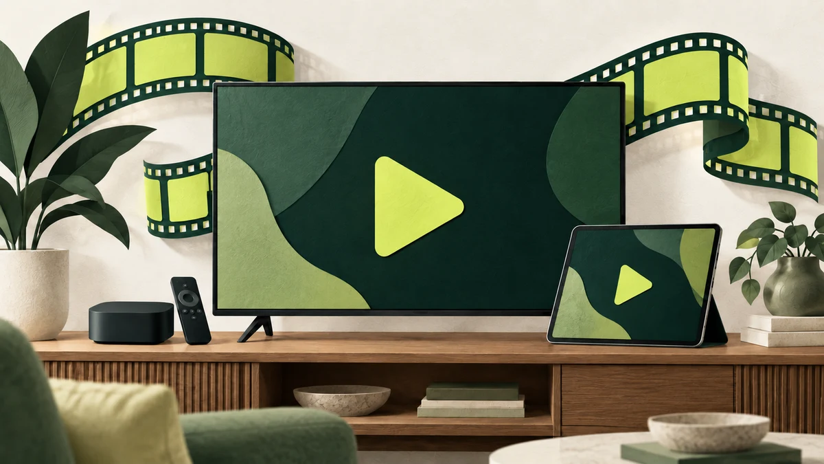 A television, tablet and unbranded streaming box sit beneath a filmstrip, illustrating streaming devices and content access.