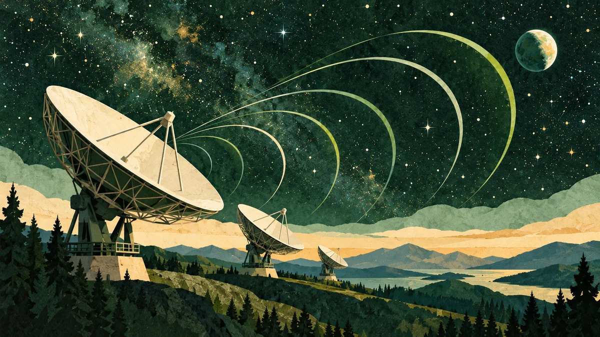Radio telescope dishes beneath stars with abstract waves reaching toward a distant planet