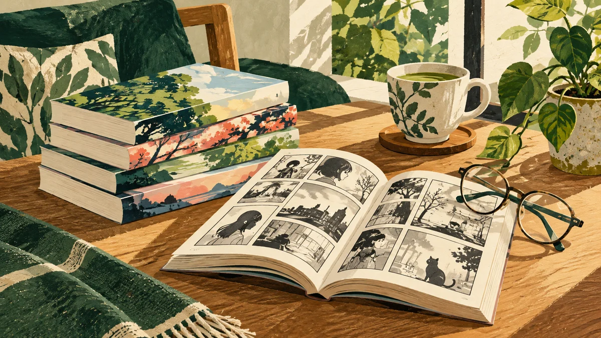 Open illustrated comic book beside a stack of unbranded books and reading glasses