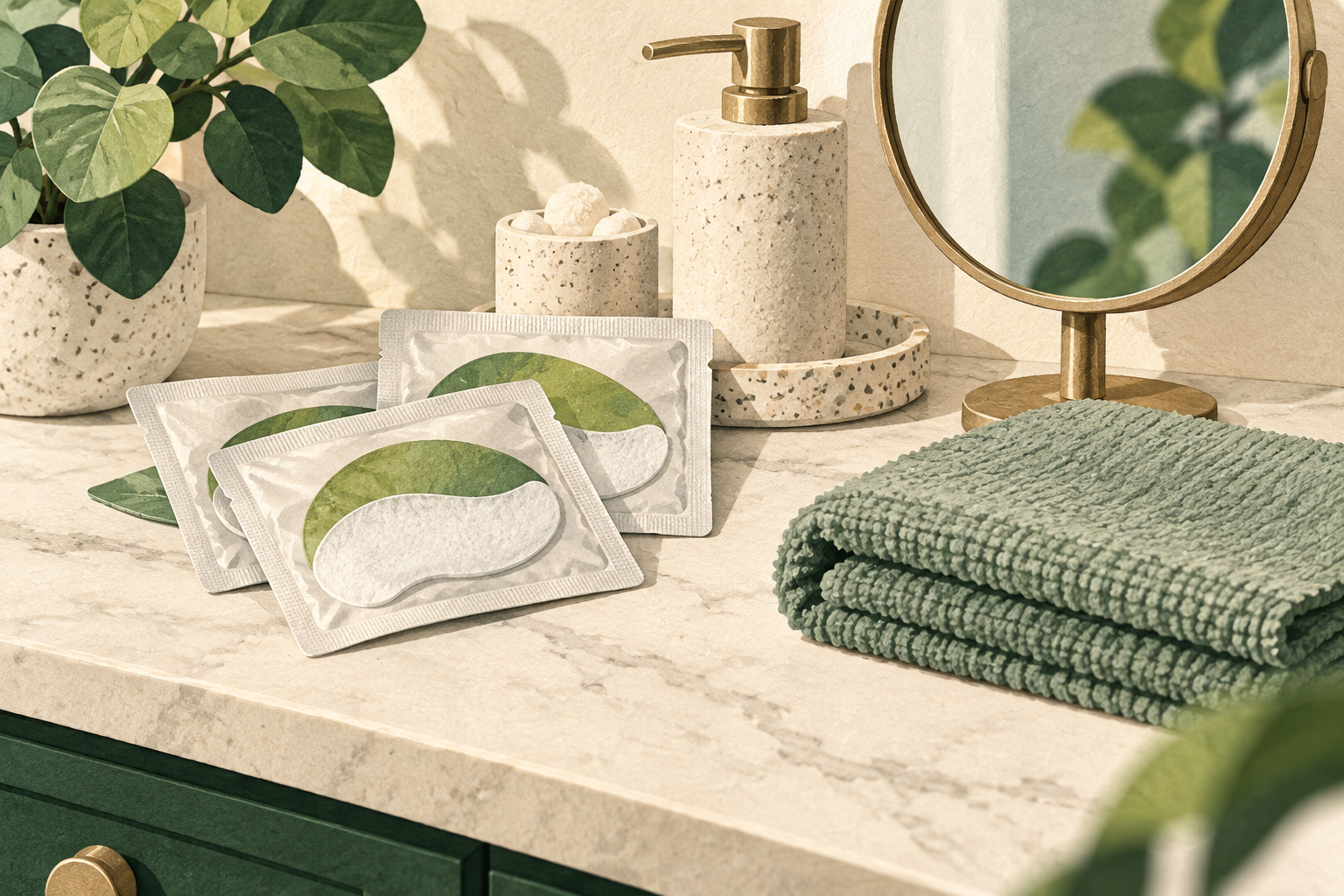 Packaged eyelid pads, a washcloth and bathroom mirror.