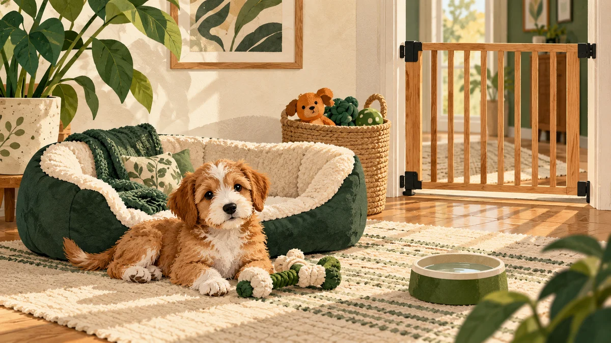 Puppy beside a soft bed, water bowl and toys in a room with a doorway gate