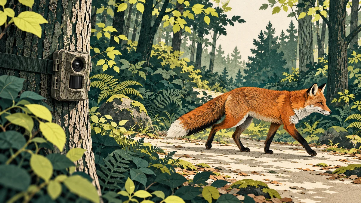 Conceptual woodland illustration of a trail camera strapped to a tree as a fox walks across its field of view.