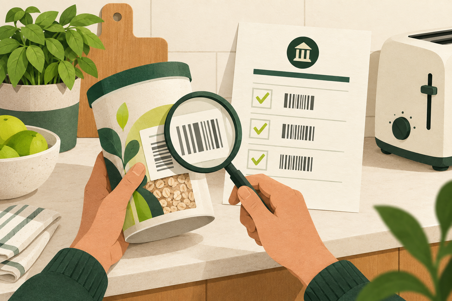 AI-generated illustration of hands examining an unbranded food-container barcode beside a checklist and toaster.