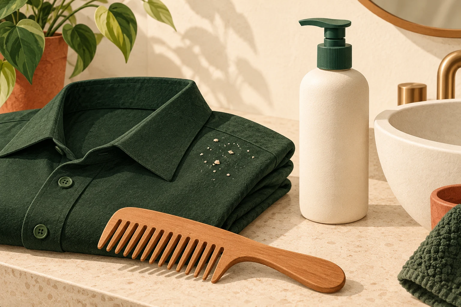 AI-generated conceptual illustration of pale flakes on a folded green shirt beside a wooden comb and unlabelled shampoo bottle.