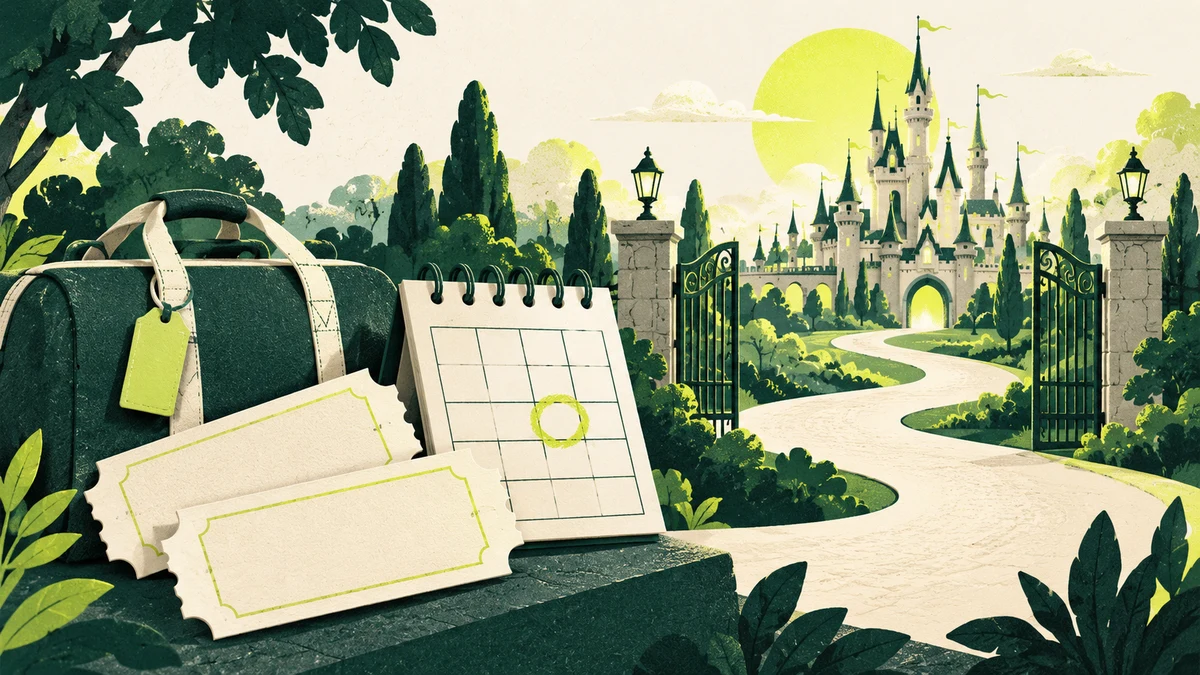 Conceptual illustration of blank tickets and a calendar beside a travel bag, facing a fanciful theme-park castle