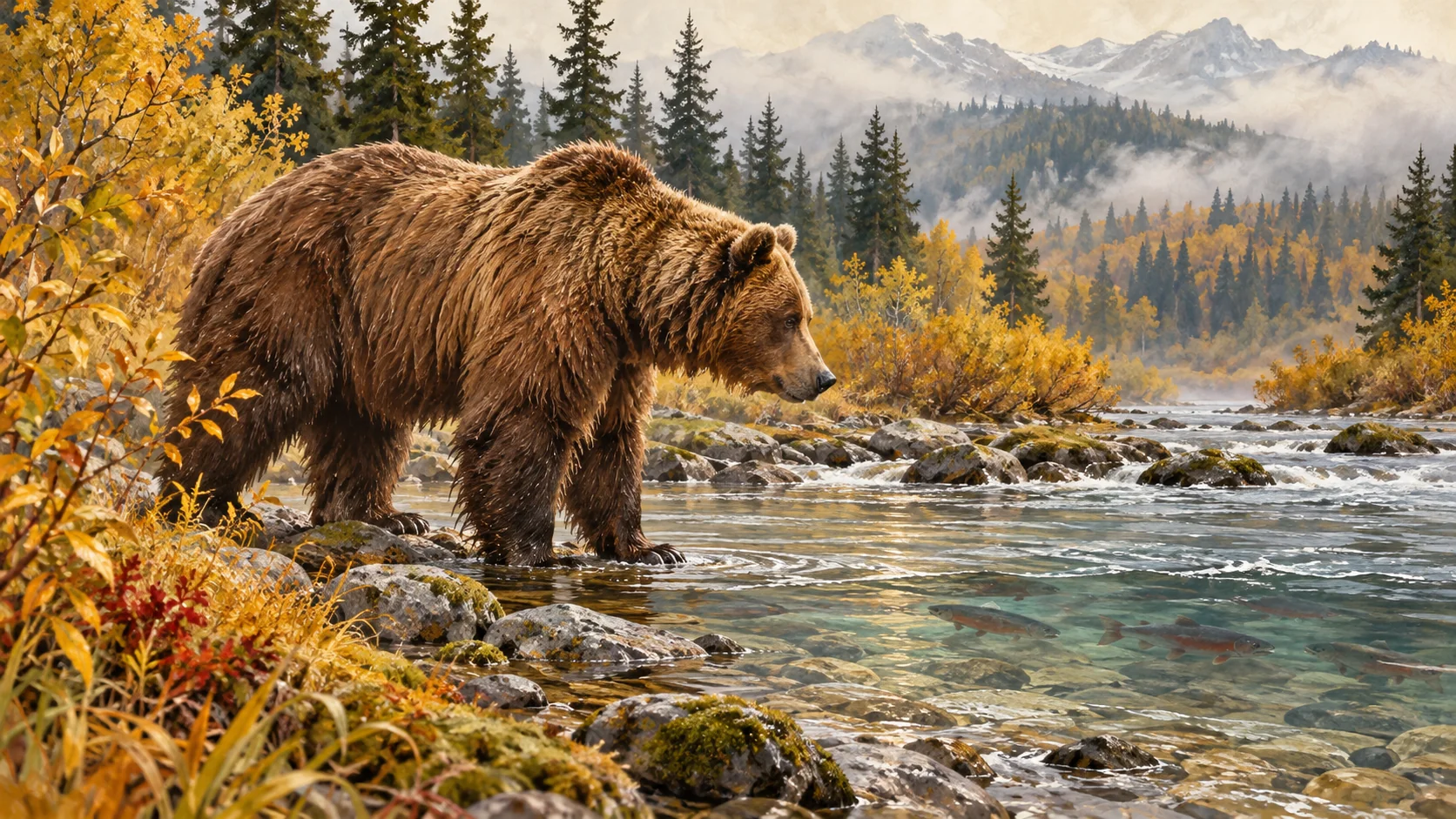 Illustration of a large brown bear beside an autumn salmon stream