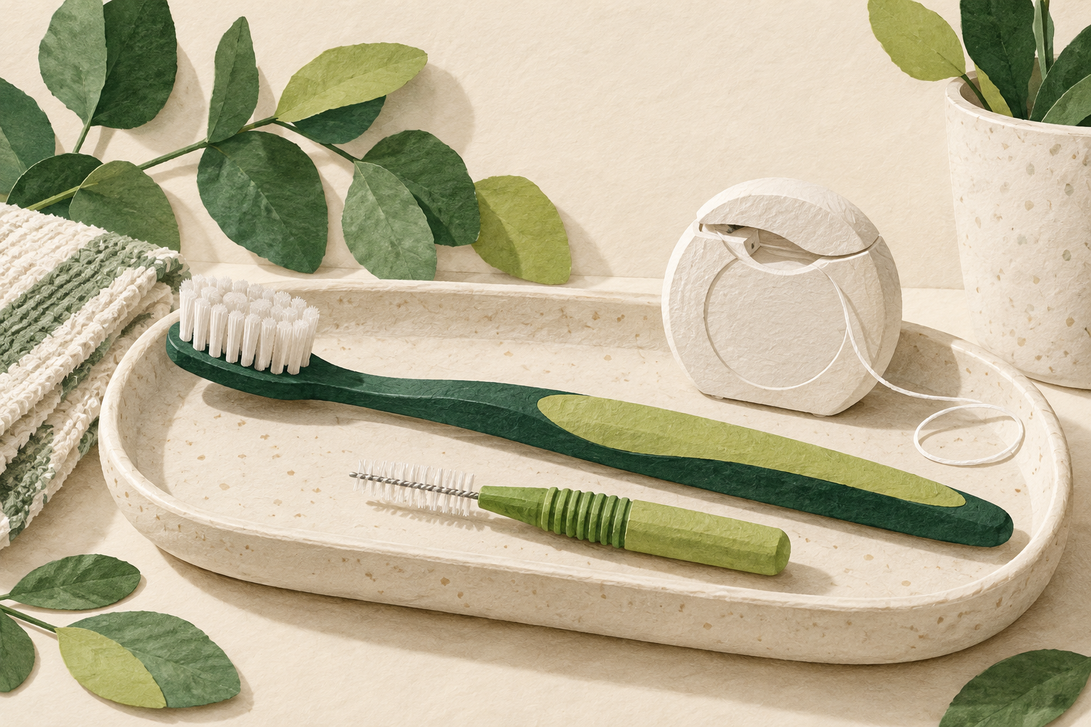 Toothbrush, dental floss and interdental brush on a ceramic tray.
