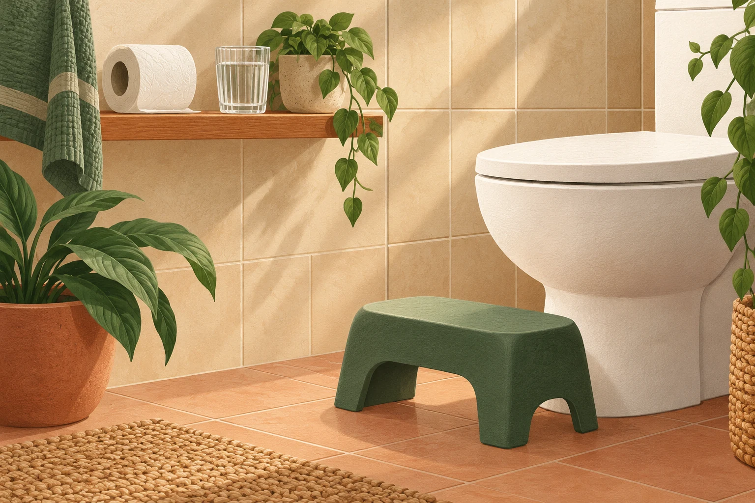 AI-generated conceptual illustration of a green footstool in front of a closed toilet, with water and toilet paper on a shelf.