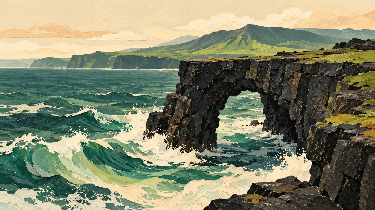Historical concept of a basalt coastal arch above waves on a volcanic coastline