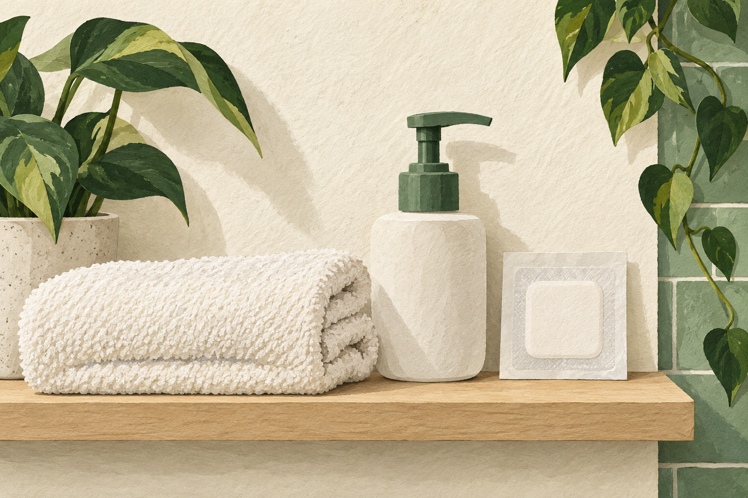 Folded towel, soap pump and packaged dressing on a bathroom shelf.