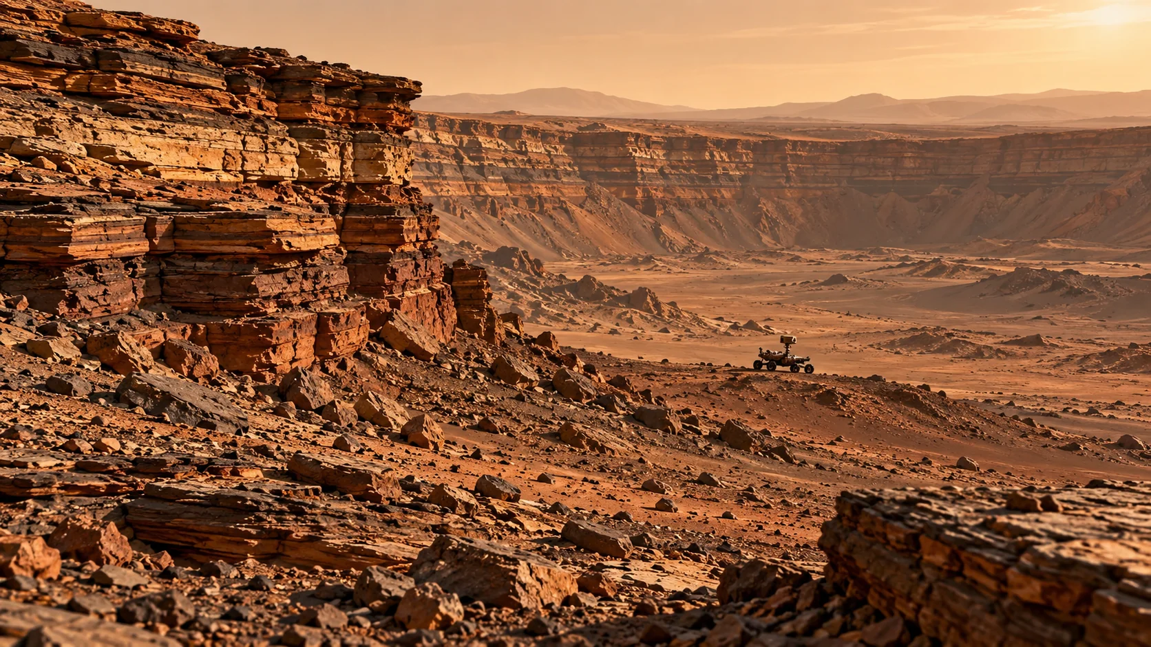 Conceptual Martian landscape with layered dry rocks and a small exploration rover