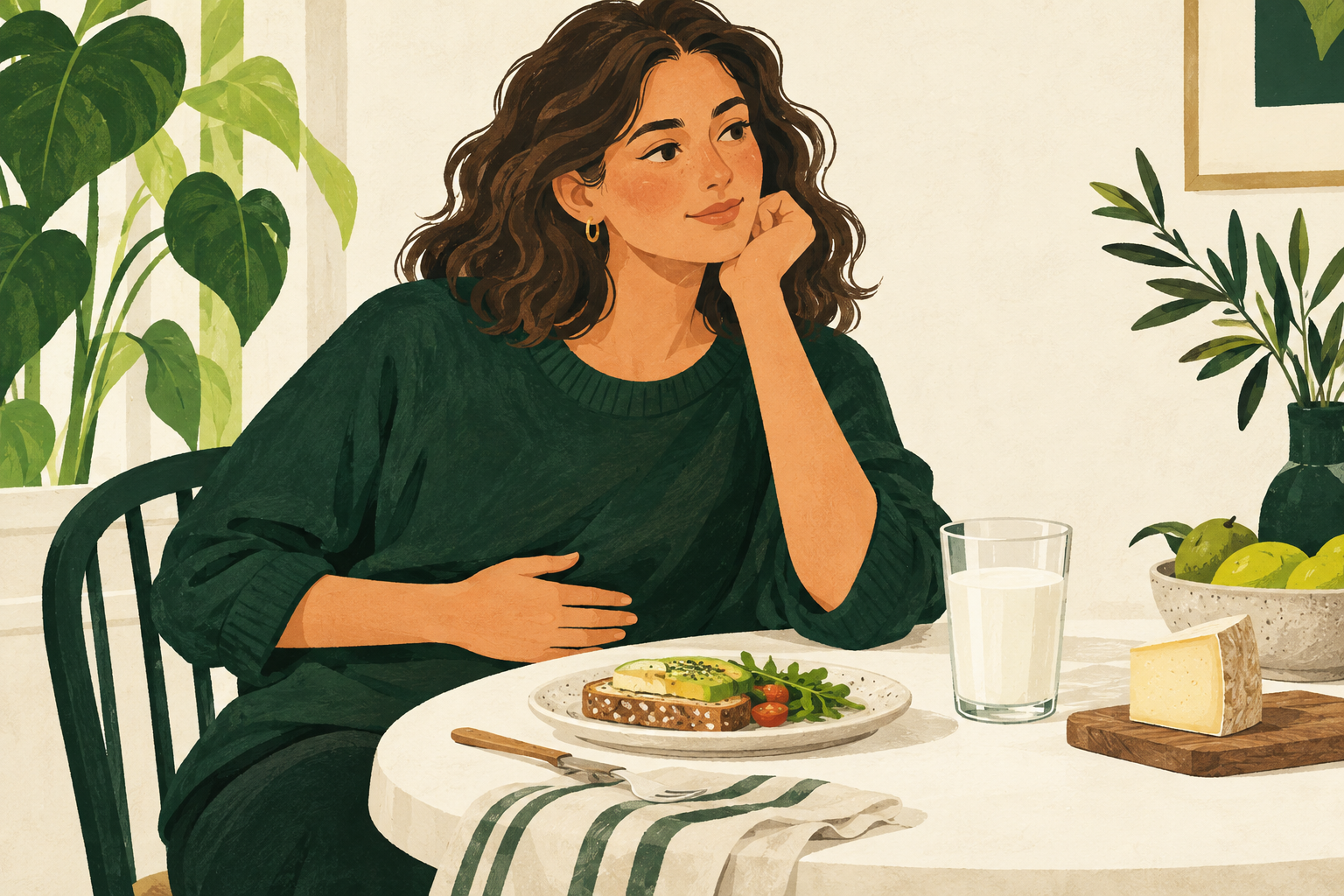 Illustration of an adult at a breakfast table with a hand on their abdomen, beside milk and cheese.