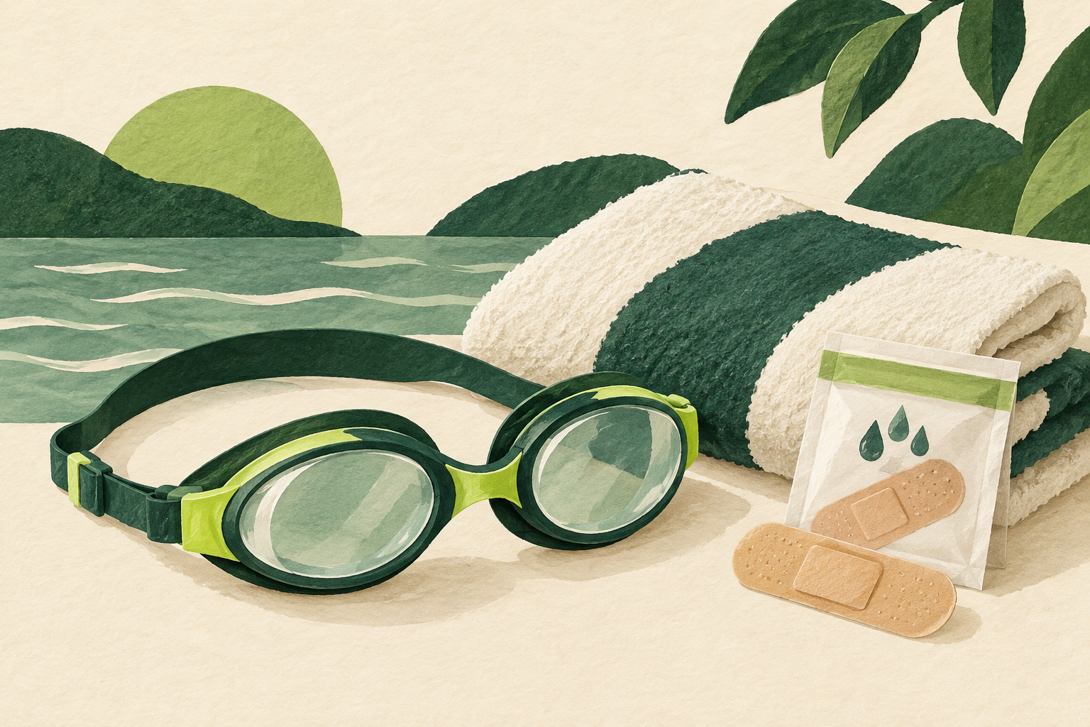 Swimming goggles, folded towel and waterproof bandages.