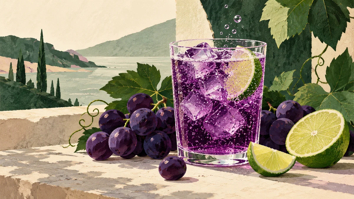 Glass of purple fizzy soda with grapes, ice and sliced lime