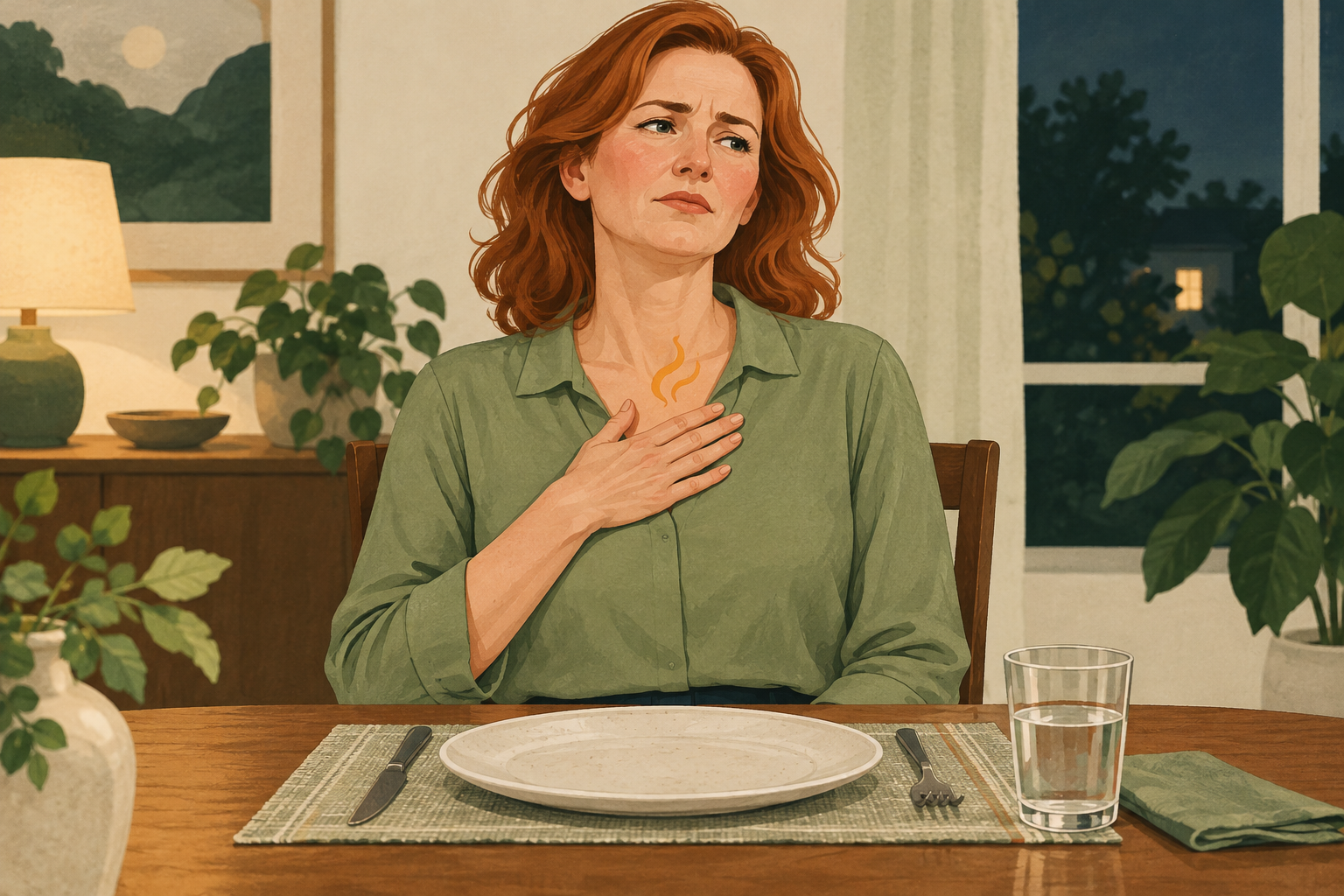 Woman sitting upright after a meal with a hand on her upper chest and small amber discomfort marks.