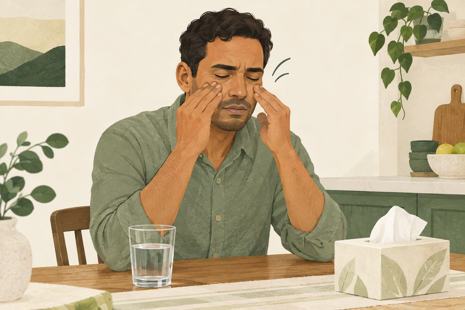 Man pressing his fingers gently against his cheeks below his eyes, with tissues and water nearby.