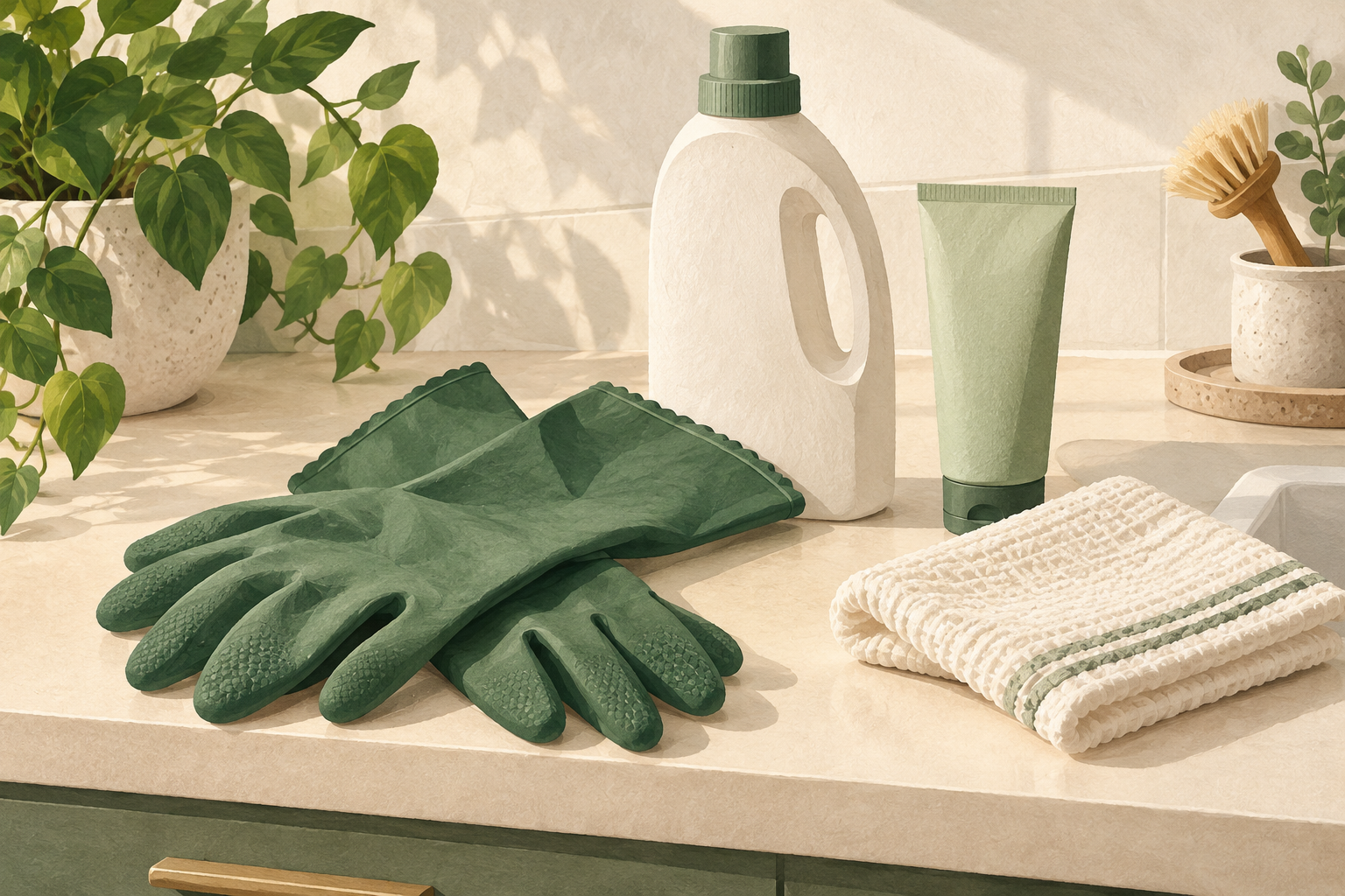 Protective gloves, an unbranded cleaning bottle, moisturizer tube, and cotton washcloth on a counter.
