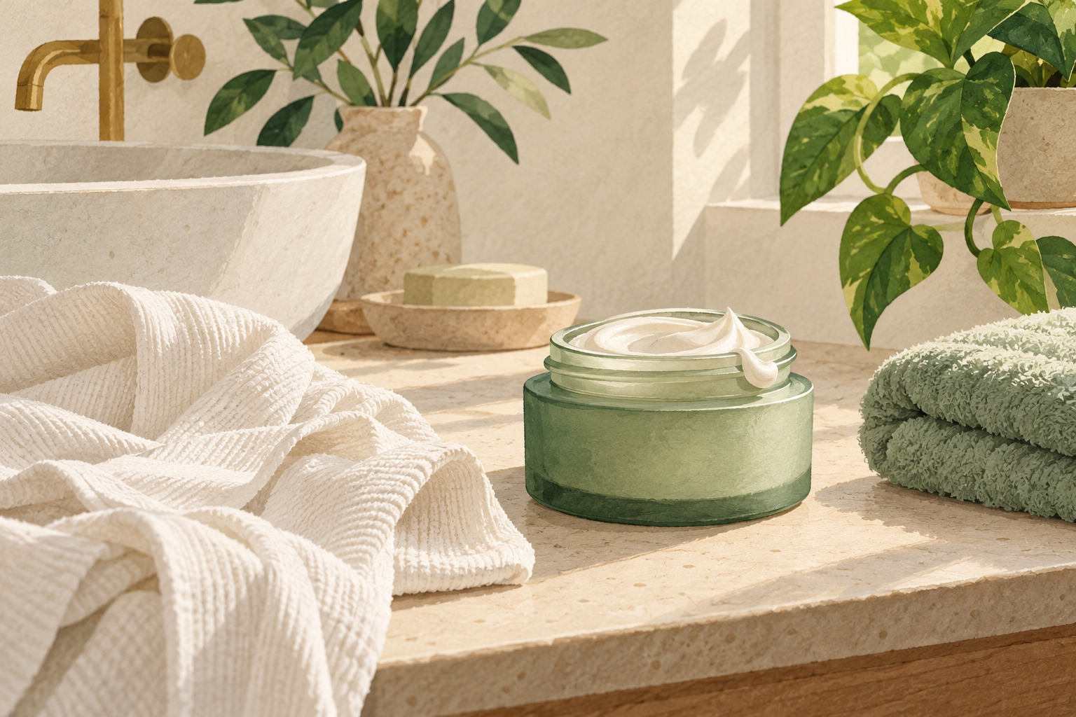Open unbranded moisturizer jar, cotton clothing, and a folded towel on a bathroom counter.