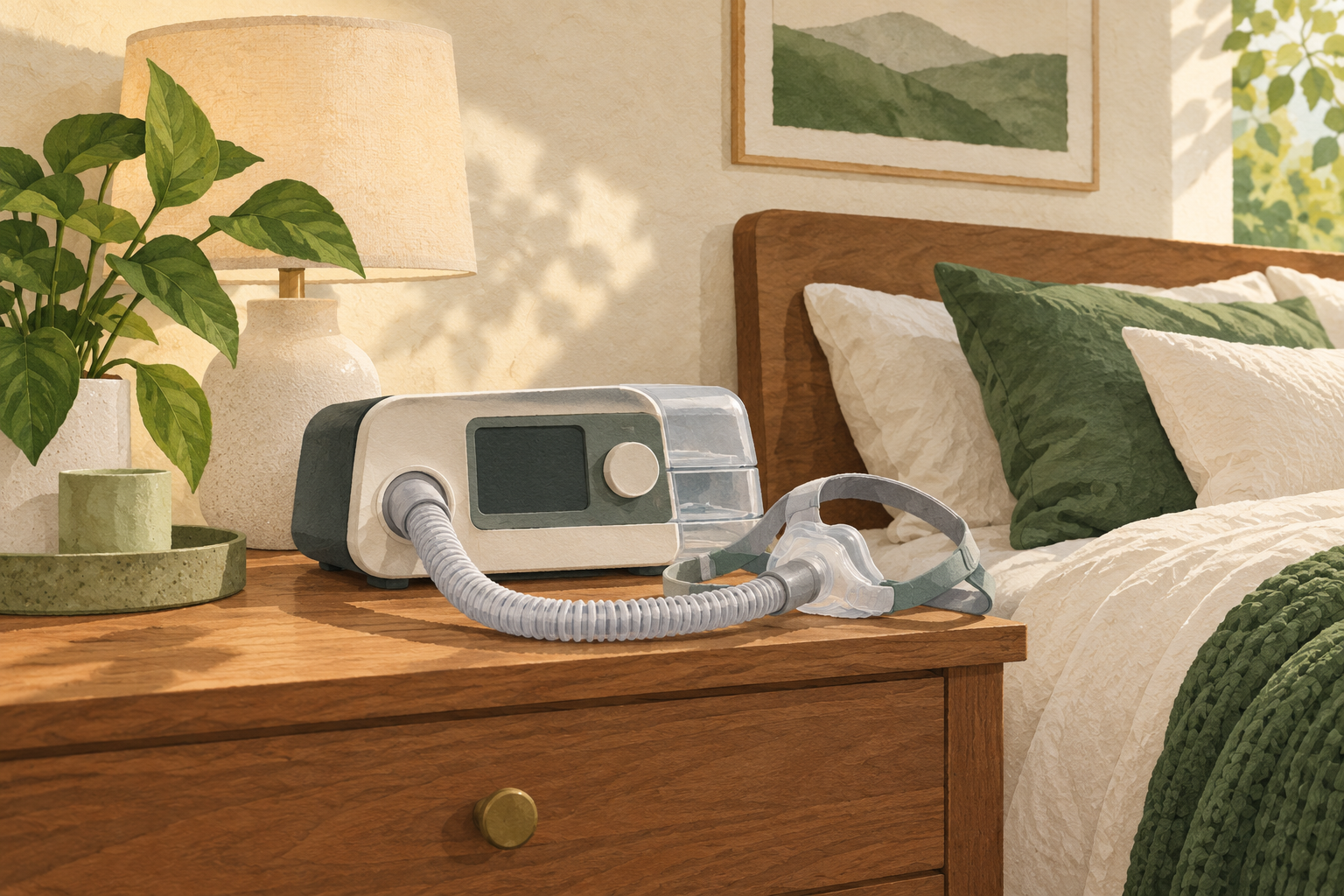 CPAP device, hose and mask on a bedside table in a calm bedroom.
