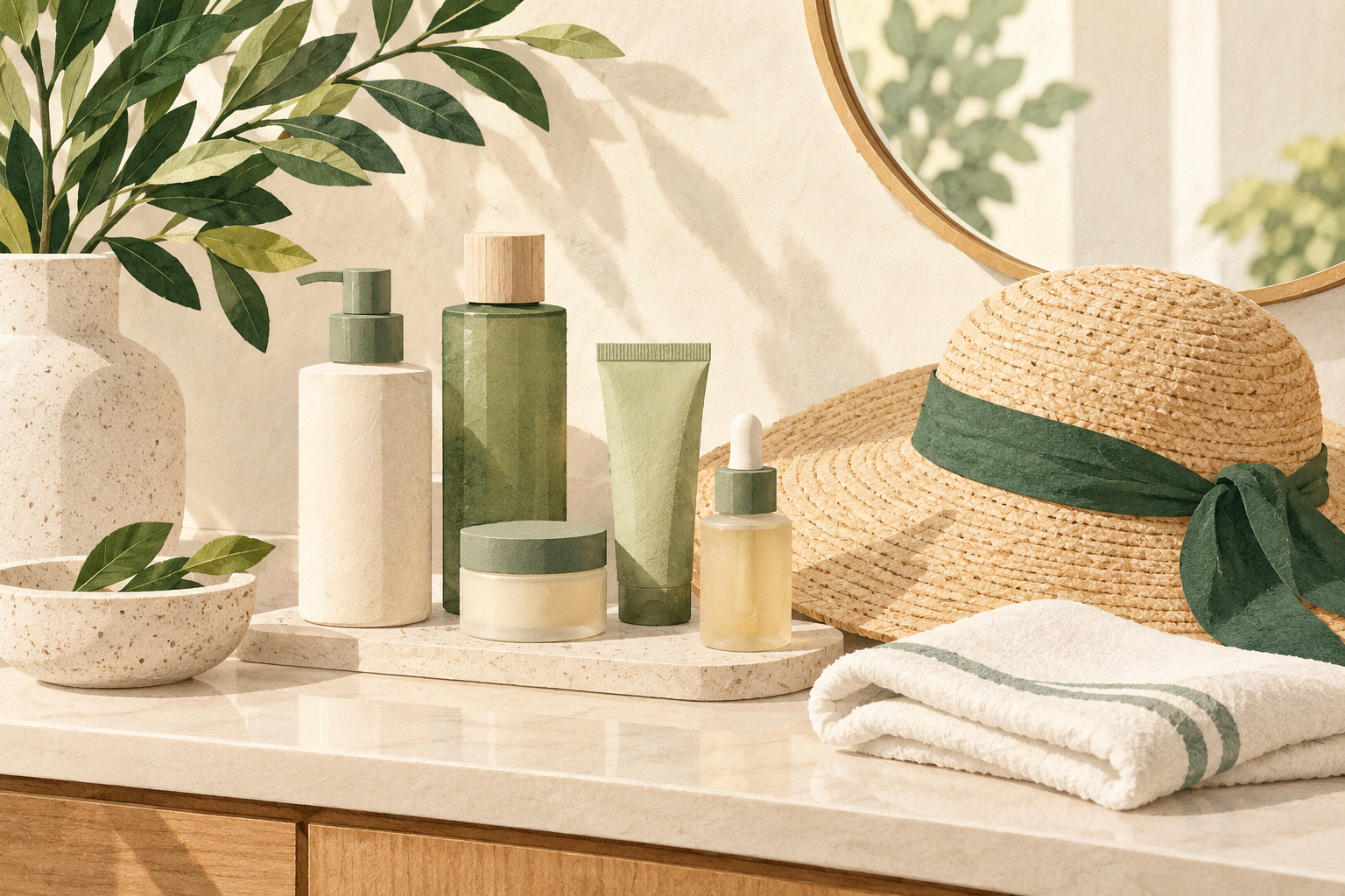 Skincare bottles, a wide-brim sun hat and a folded soft cloth on a cream vanity.