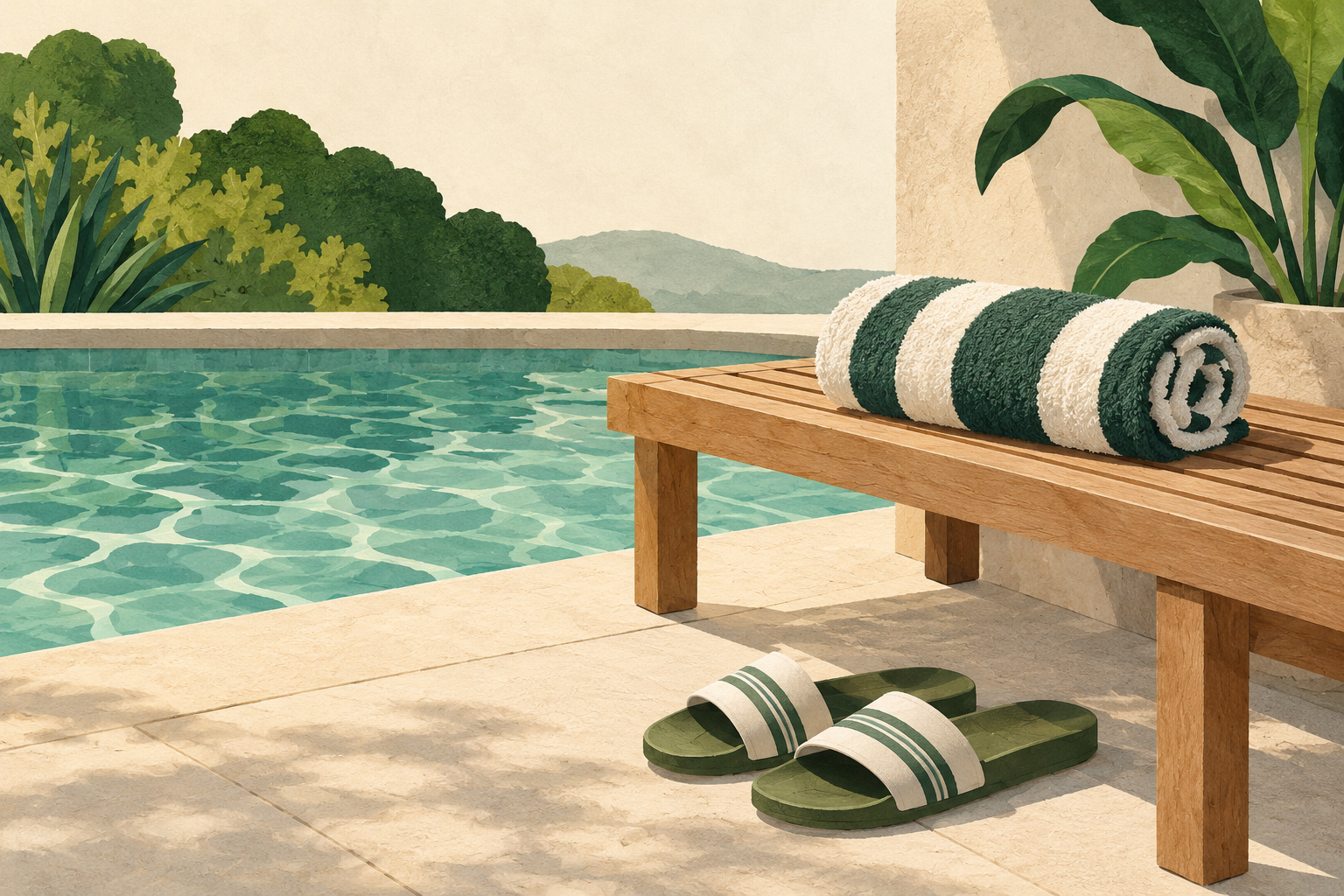Rolled personal towel and sandals beside a swimming pool.
