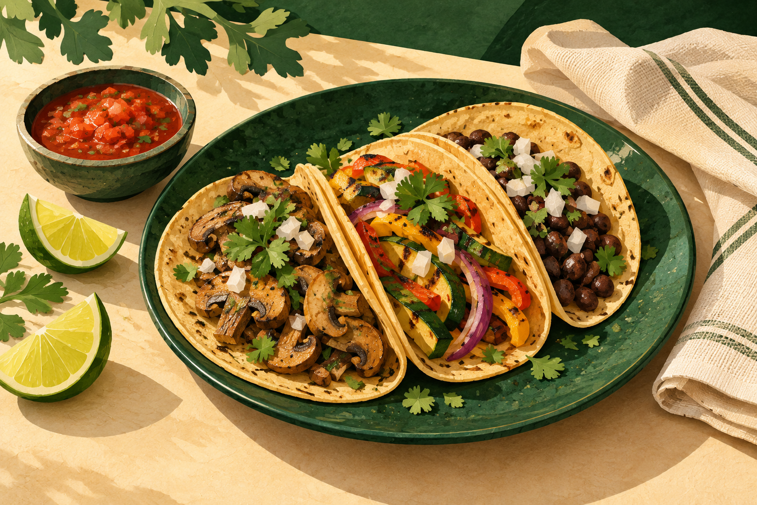 Conceptual illustration of mushroom, vegetable and bean tacos on a green plate with salsa and lime wedges.