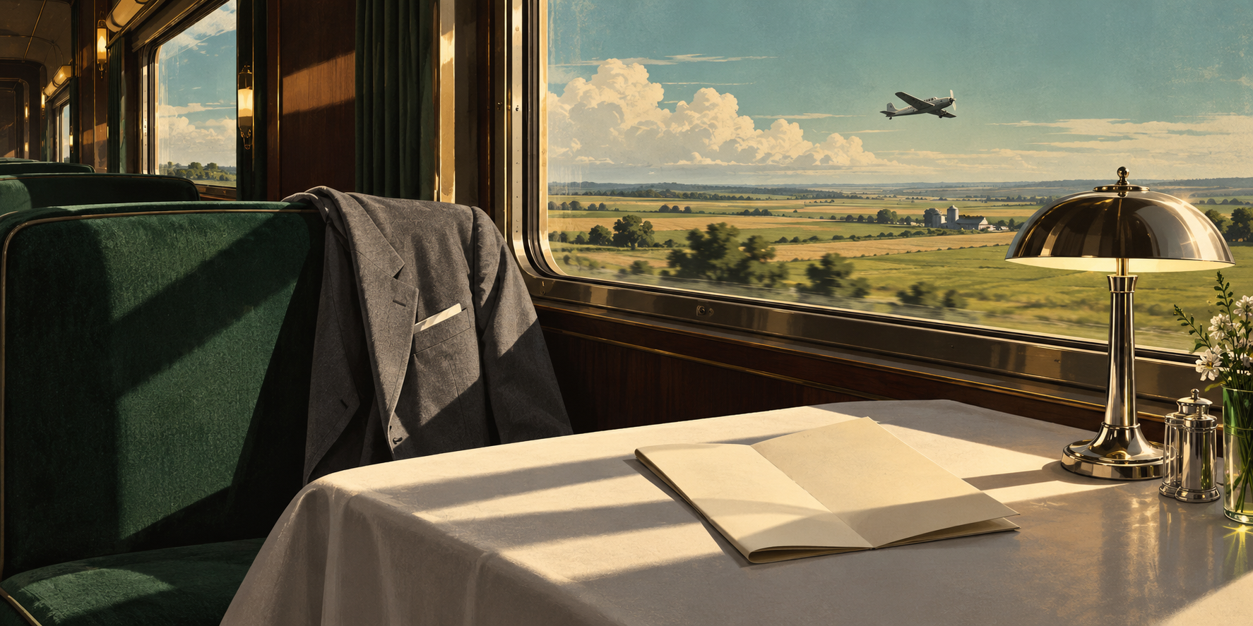 Conceptual mid-century train carriage illustration with a gray suit jacket, blank papers and a distant propeller plane.