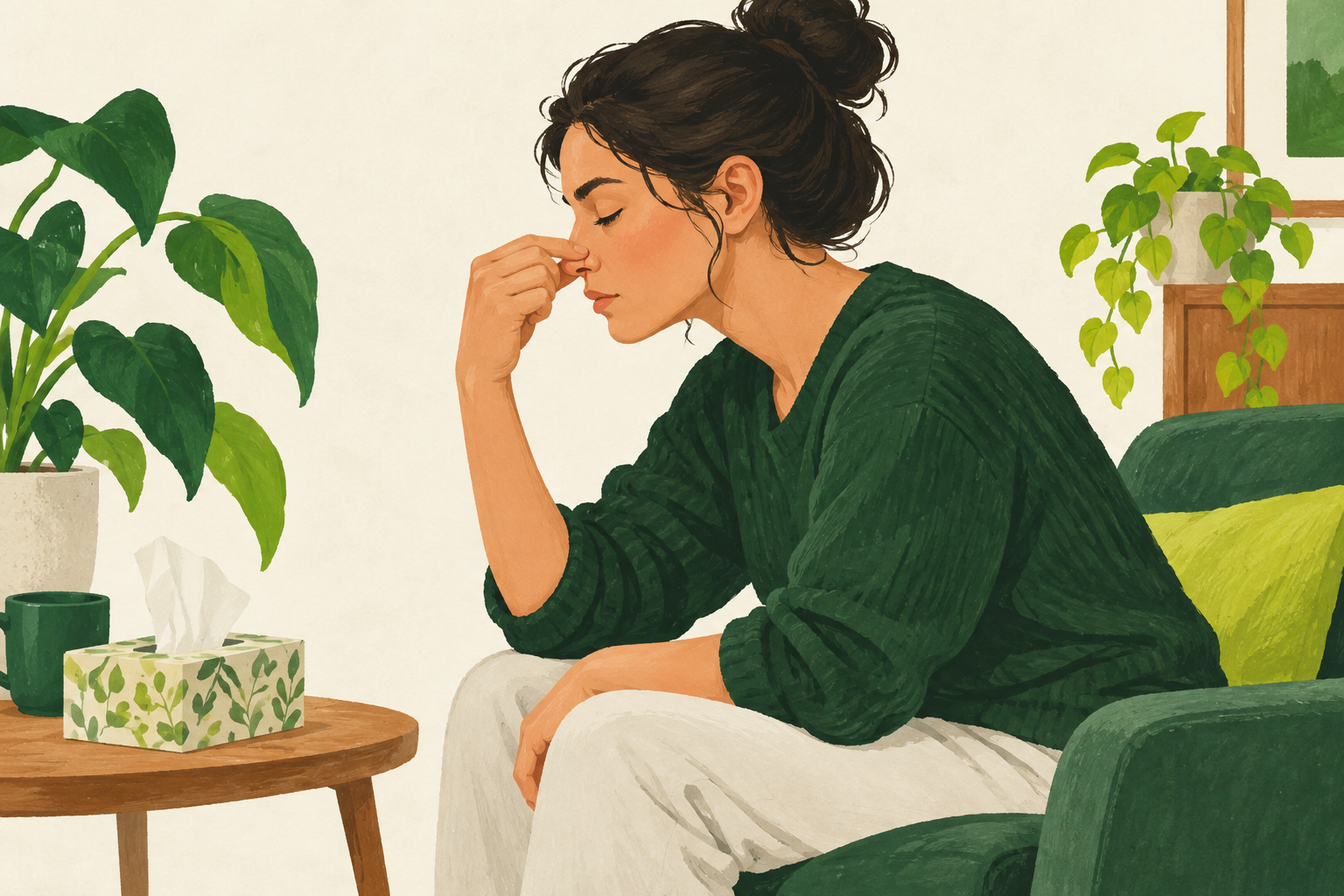 Illustration of a seated adult leaning forward and pinching their nose, with tissues nearby.