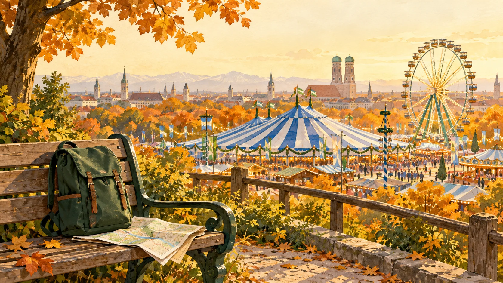 Illustrated autumn fairground inspired by Munich, with a blue-and-white tent, Ferris wheel and travel backpack