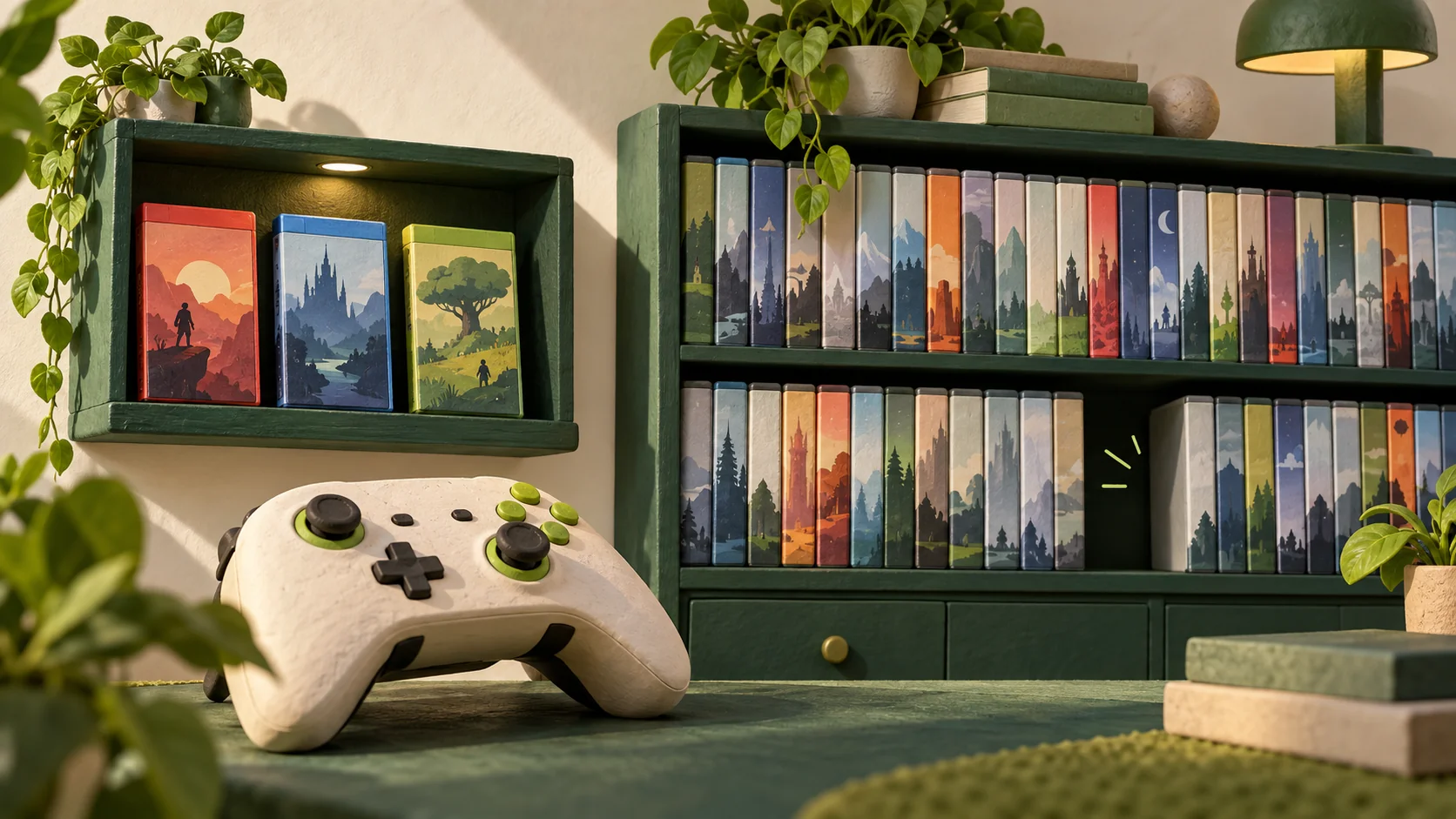 Conceptual illustration of a game controller beside separate personal game boxes and a lending shelf.
