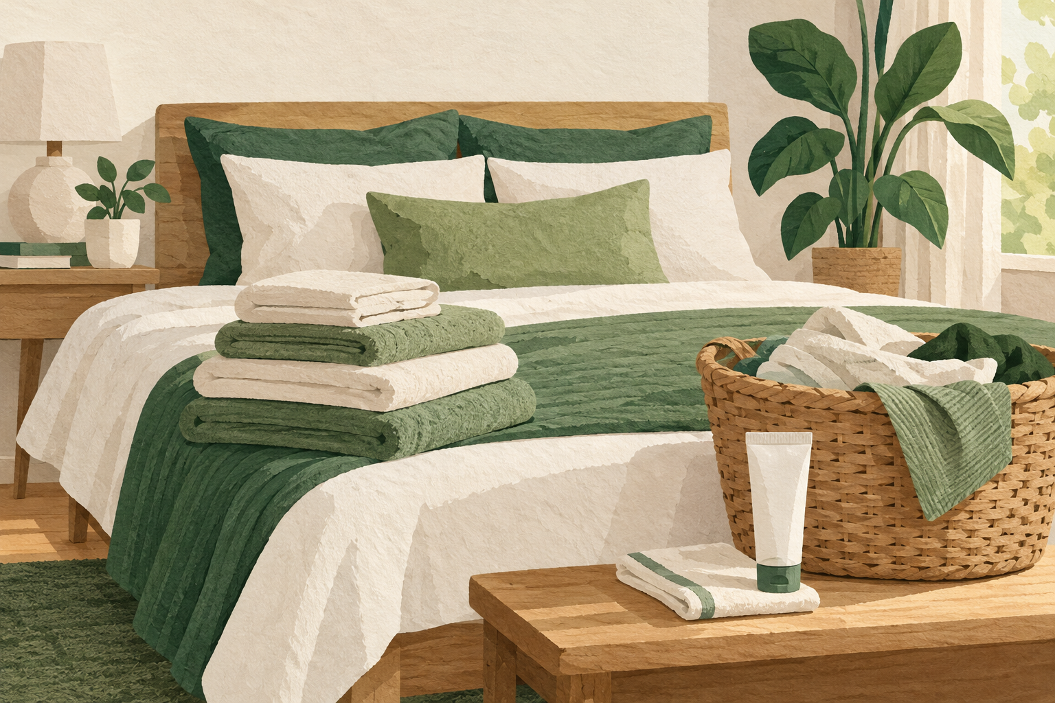 Bed with folded linens, laundry basket and an unbranded cream tube.