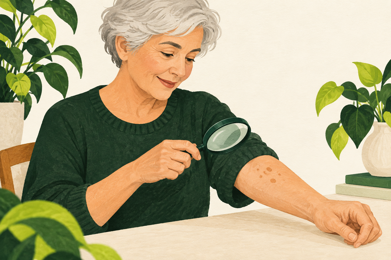 Illustration of a silver-haired adult examining small tan spots on their forearm with a magnifying glass.