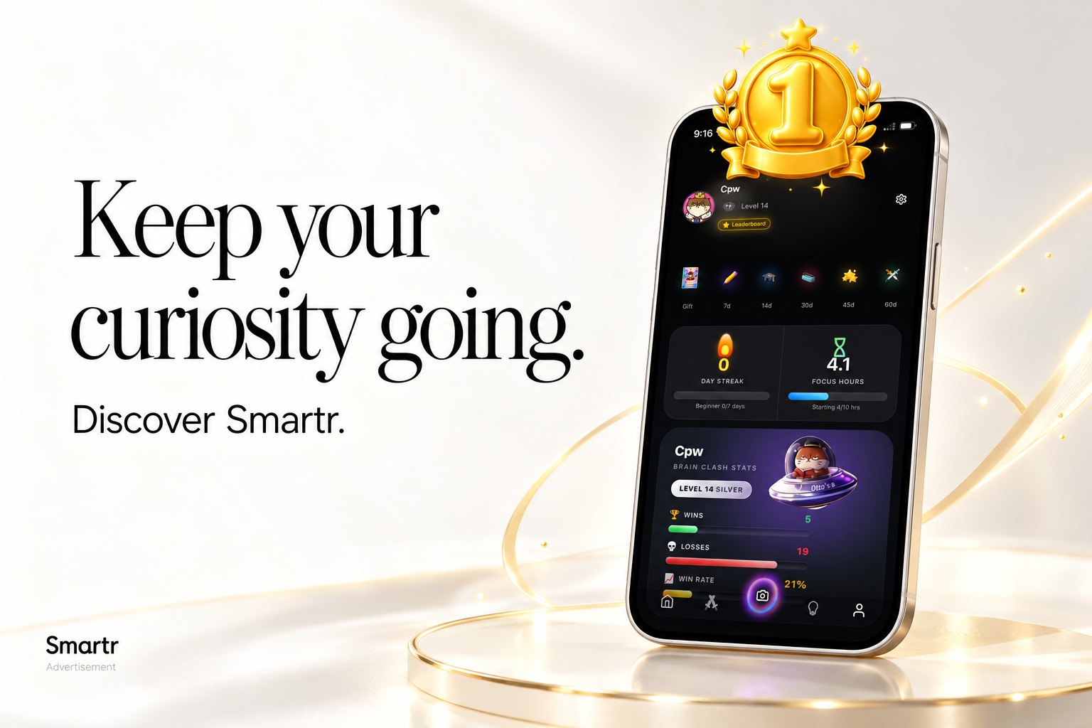 Smartr progress and streak app screen in a promotional composition