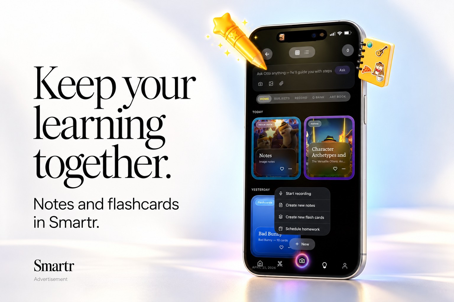 Smartr notes and flashcards app screen in a promotional composition