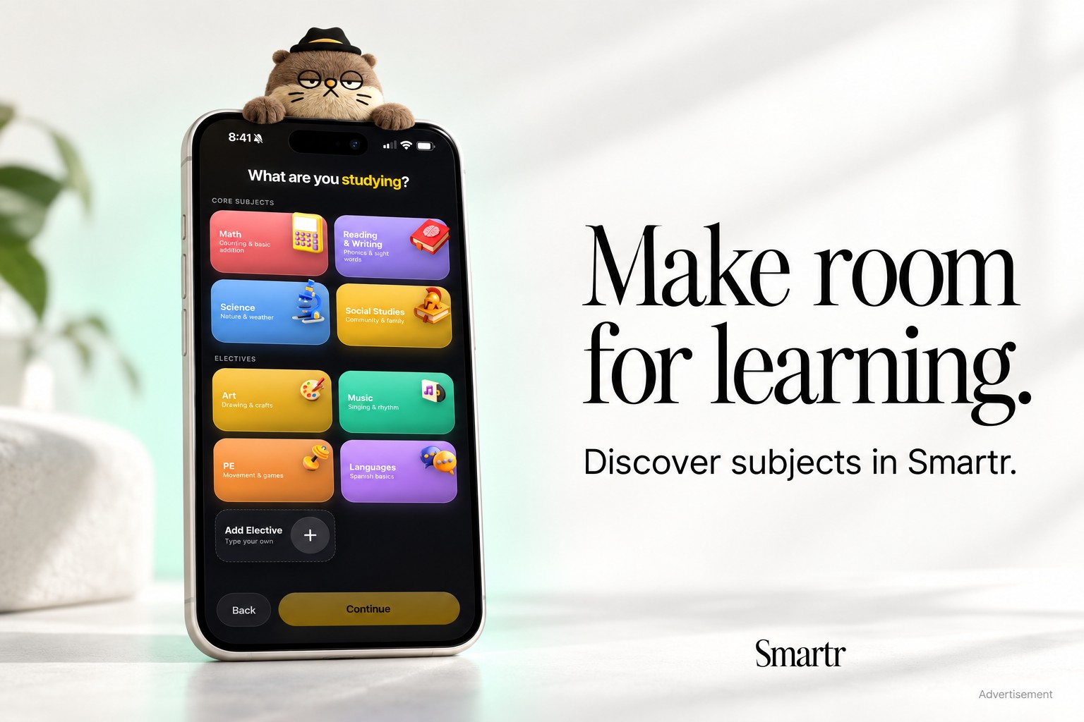Smartr subject-selection app screen in a promotional composition