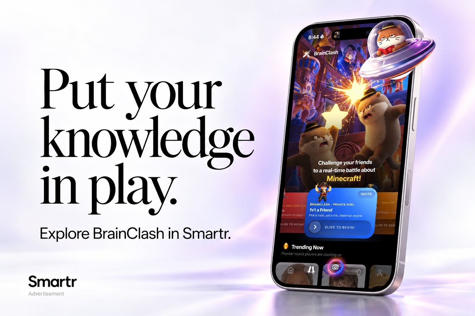 Smartr BrainClash app screen in a promotional composition