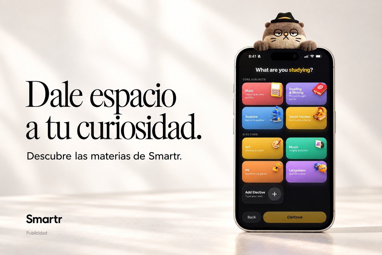 Pantalla de selección de materias de Smartr en una composición promocional