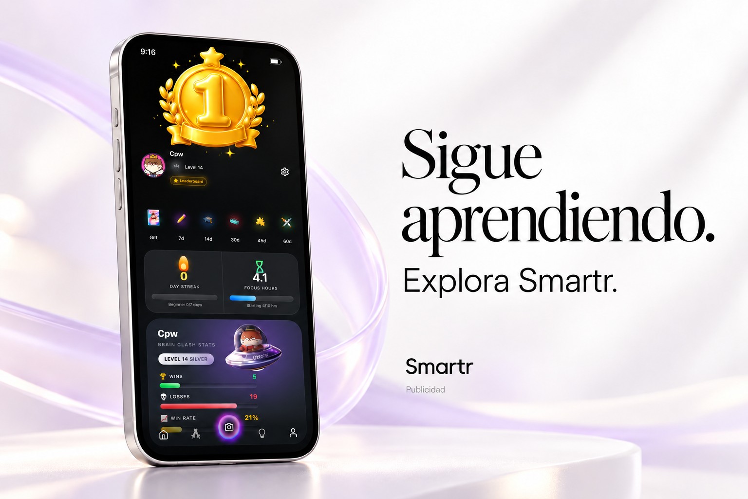 Pantalla de progreso y rachas de Smartr en una composición promocional