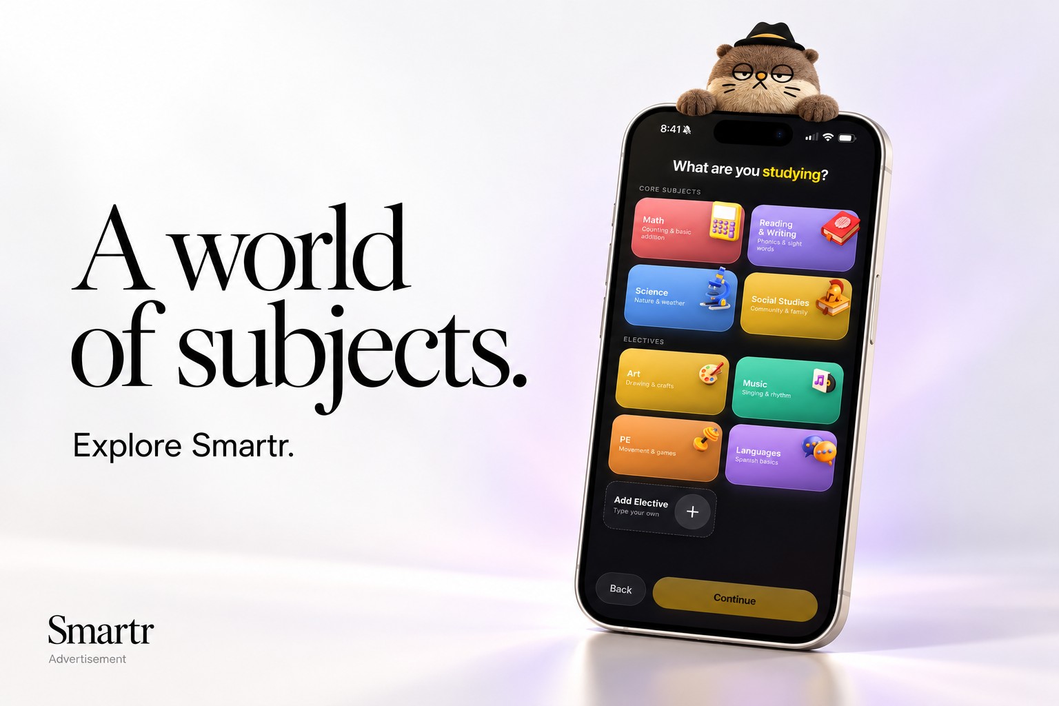Smartr subject-selection app screen in a promotional composition