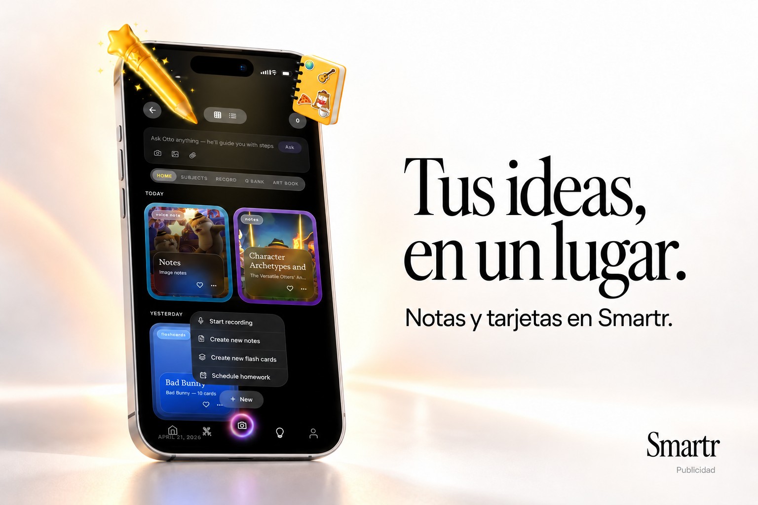 Pantalla de notas y tarjetas de Smartr en una composición promocional