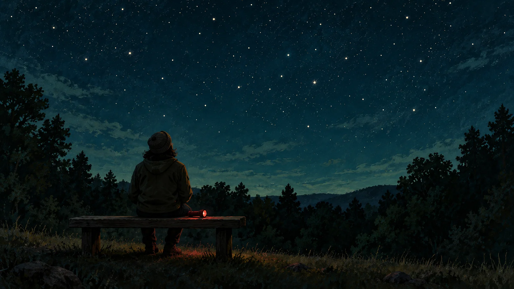 Illustrated stargazer on a park bench beneath a night sky, with a small red flashlight