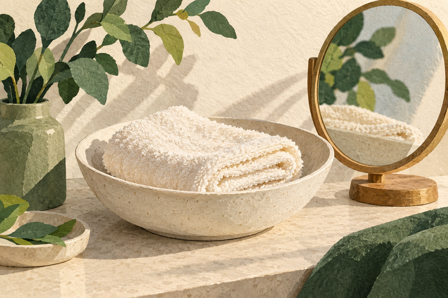 Folded washcloth in a shallow bowl beside a mirror.