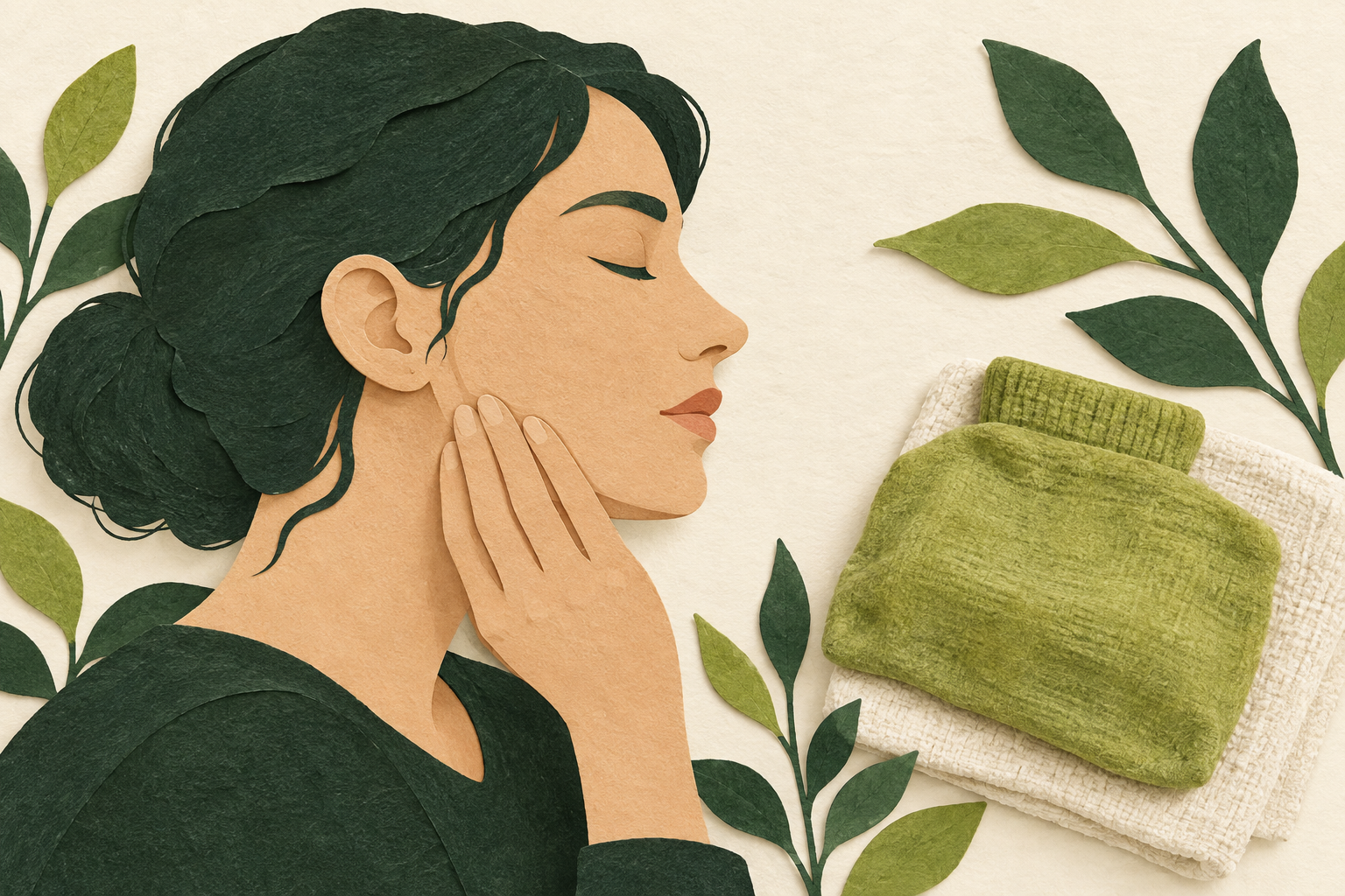 Illustrated adult touching their jaw beside folded compresses.