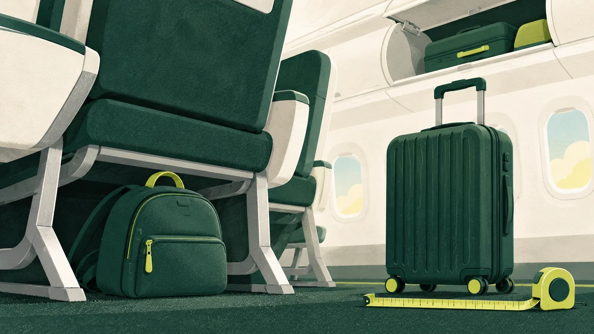 Small backpack beside an airplane seat, wheeled suitcase and measuring tape in a stylized cabin.