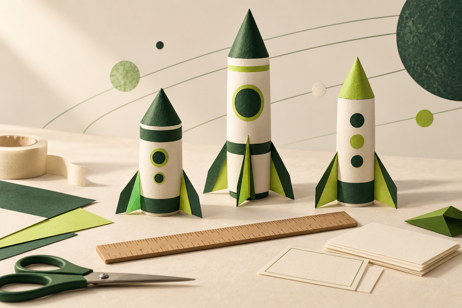 Three cream, forest-green and lime paper rockets on a craft table with a ruler, tape and blank cards.