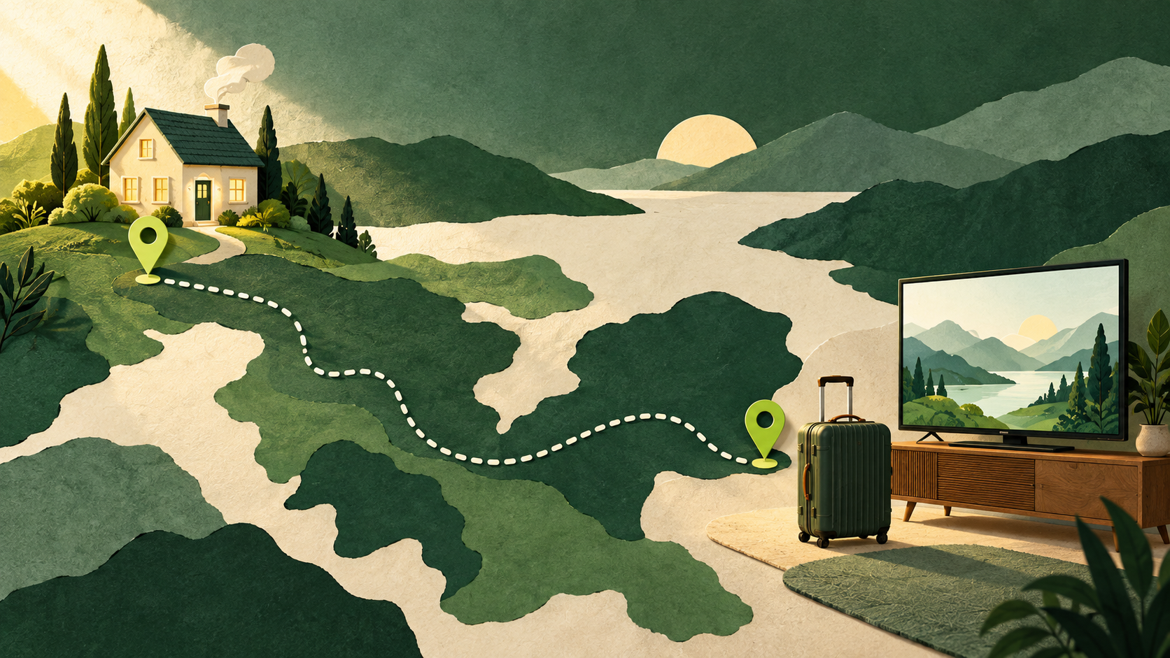 Illustrated route linking a home location to a suitcase and television at a travel destination